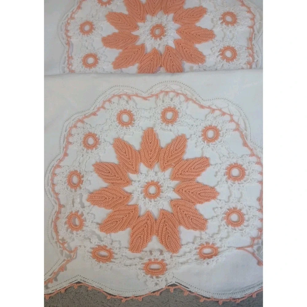 2 Vtg Pillowcases Handmade Crochet Embroidered Floral Lace Edge Peach Orange SEE
